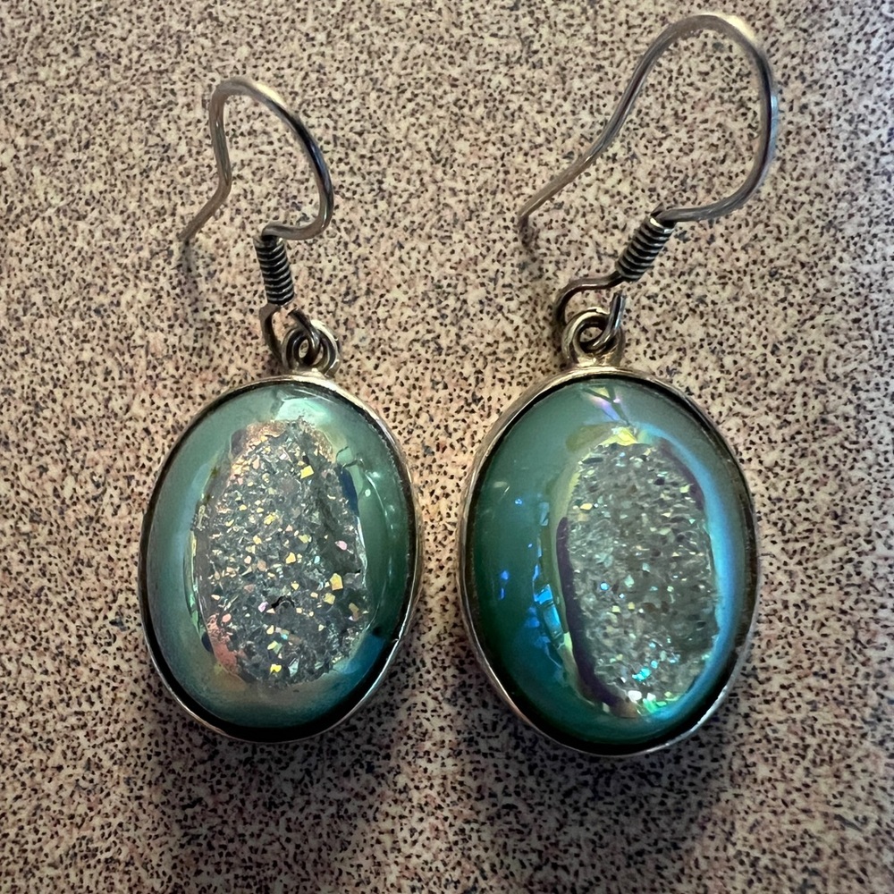 Genuine blue-green agate druzy earrings in 925 Sterling Silver. Exquisite! - Picture 3 of 6